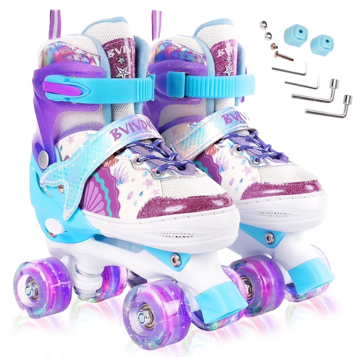 Bvivok Roller Skates for Girls, Rated for Beginners, Size M (2Y-5.5Y), 4 Adjustable Sizes, Light up Wheels, Purple