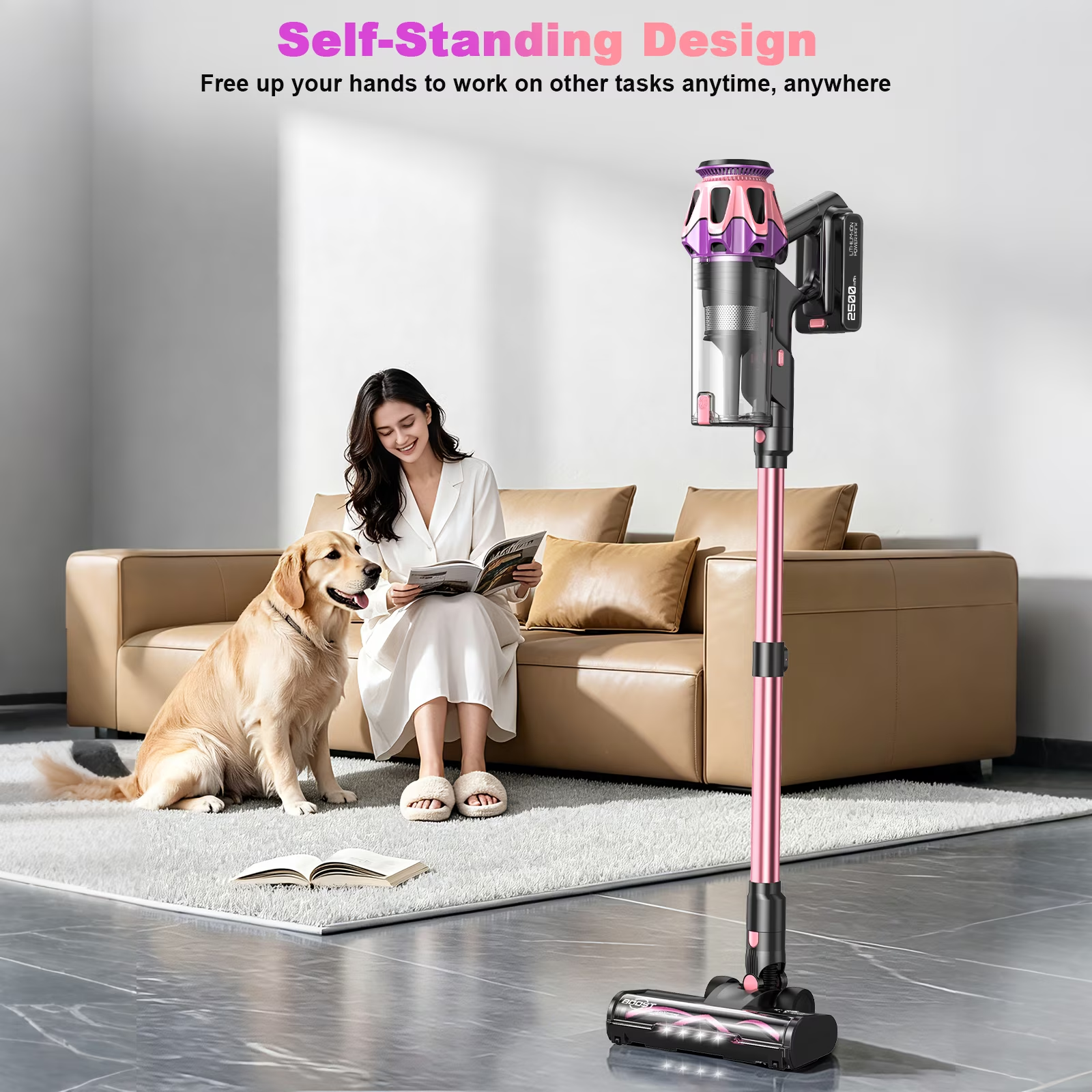 SUXIANGVAC Cordless Vacuum Cleaner, 600W/55KPA Vacuum Cleaners for Home, 55Mins Stick Vacuum, Anti-Tangle & 1.8L Large Dust Cup, Lightweight Vacuum for Hard Floors Carpet Pet Hair, Purple Pink