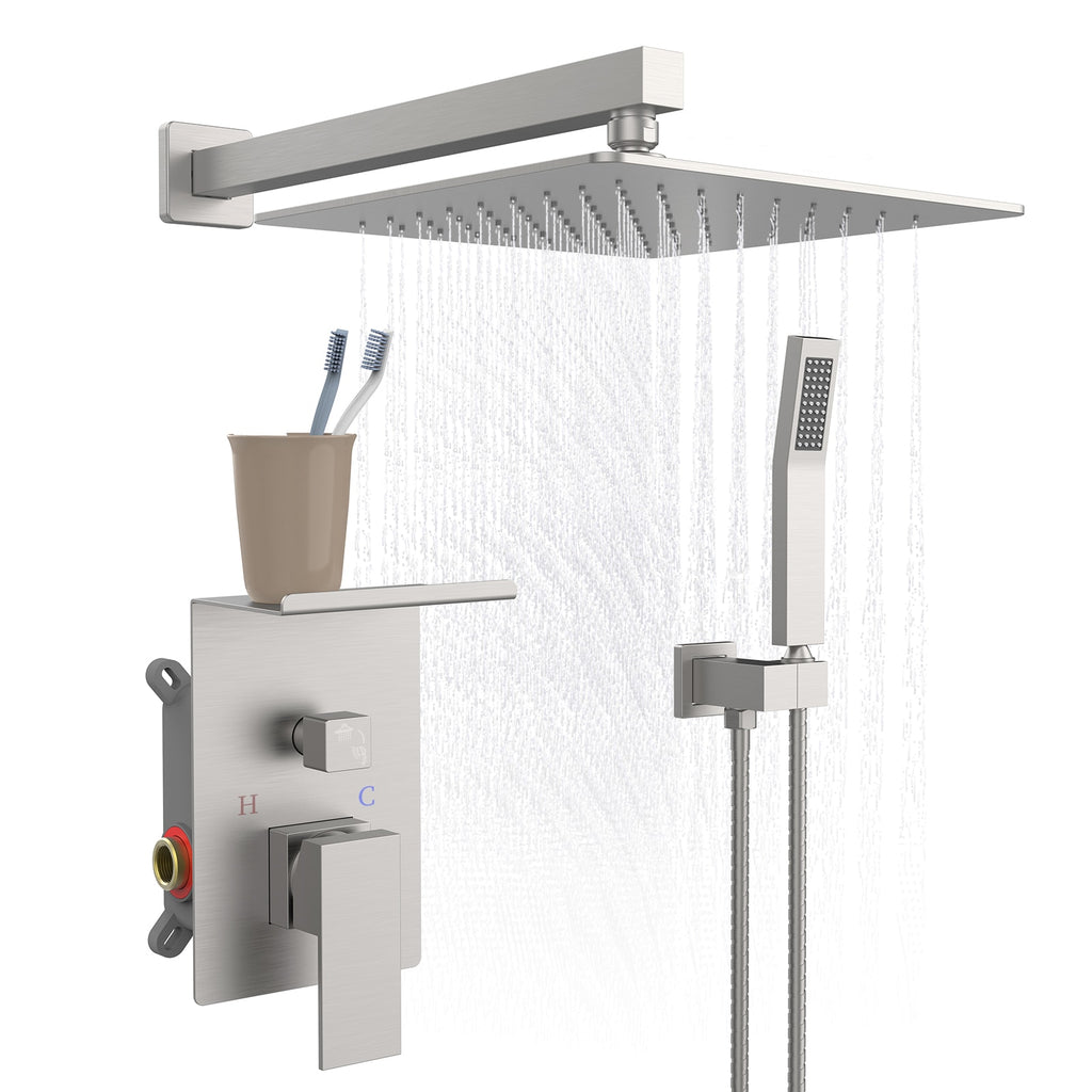 VANECL 10 Inch Square Brushed Nickel Rainfall Shower System with Built-in Storage Rack, Wall Mount High Pressure Rain Shower Faucet Set with Handheld Spray Combo, WaterSense Certified Bathroom Shower Kit