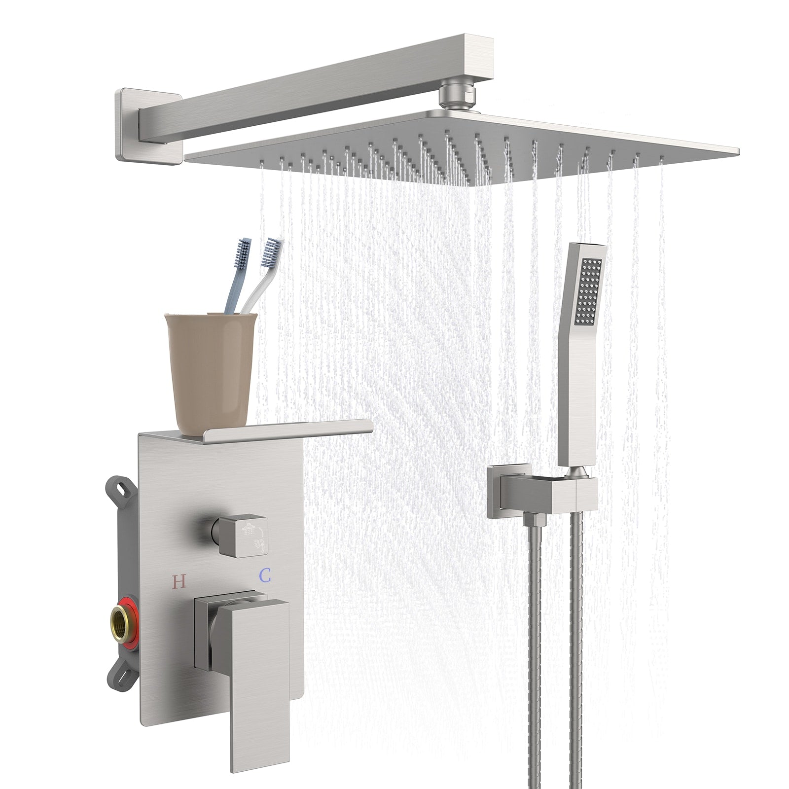 VANECL 10 Inch Square Brushed Nickel Rainfall Shower System with Built-in Storage Rack, Wall Mount High Pressure Rain Shower Faucet Set with Handheld Spray Combo, WaterSense Certified Bathroom Shower Kit