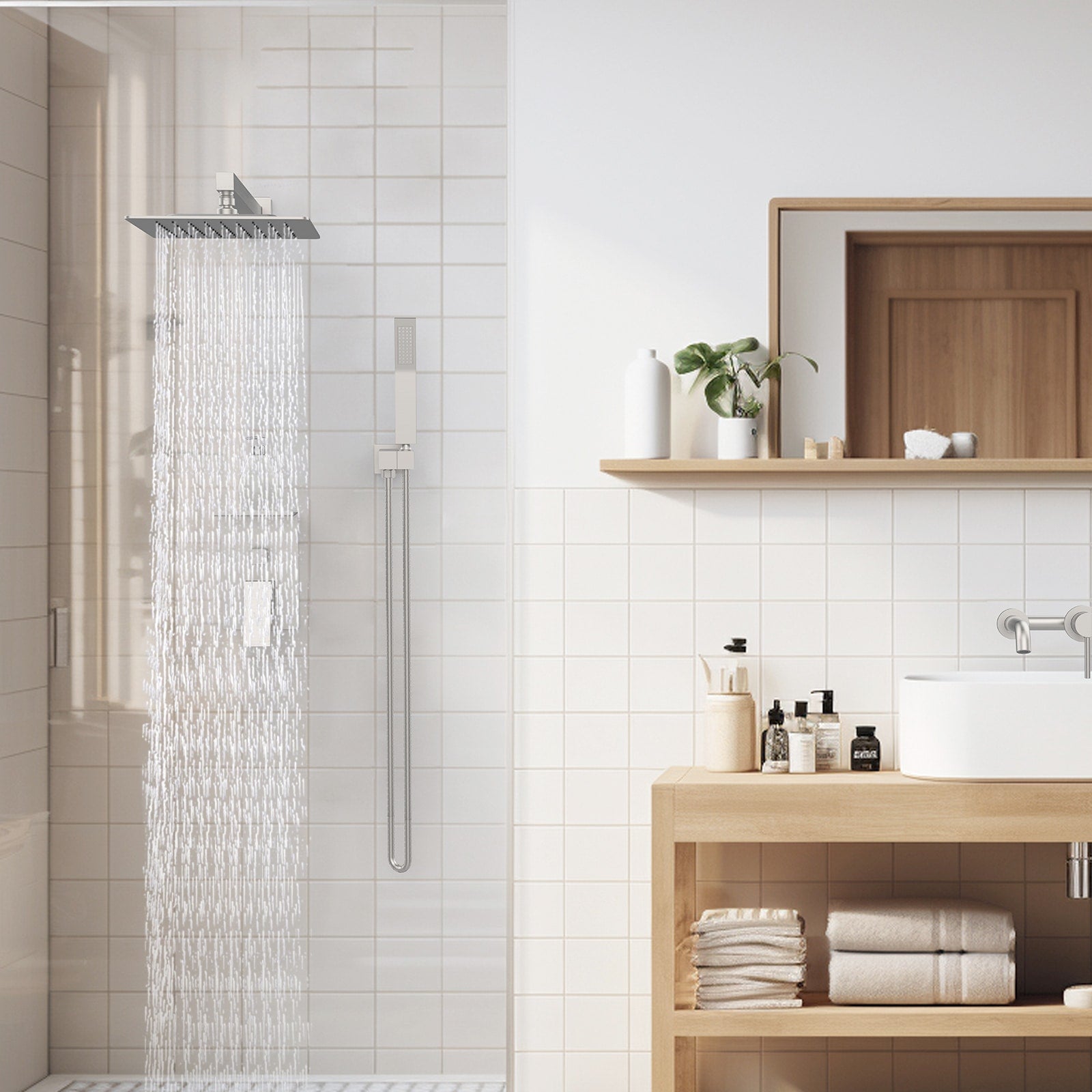 VANECL 10 Inch Square Brushed Nickel Rainfall Shower System with Built-in Storage Rack, Wall Mount High Pressure Rain Shower Faucet Set with Handheld Spray Combo, WaterSense Certified Bathroom Shower Kit