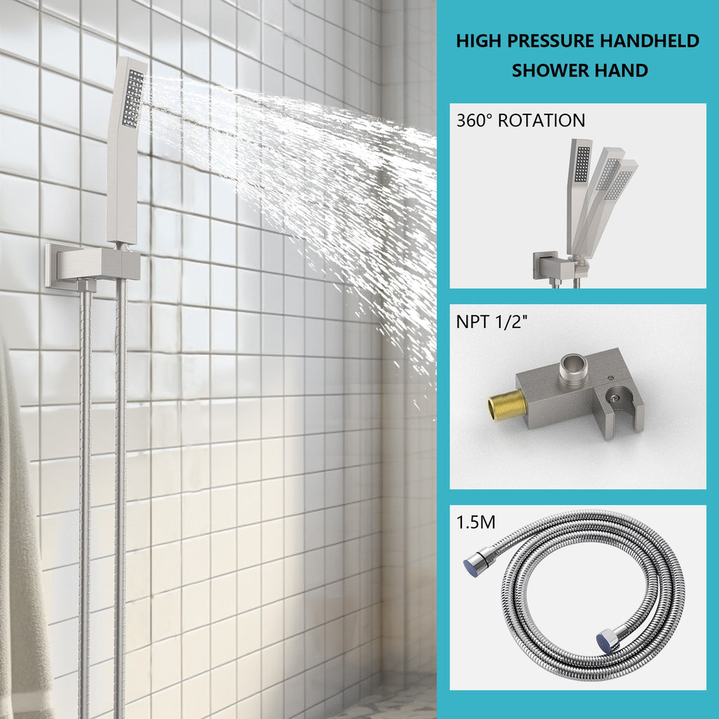 VANECL 10 Inch Square Brushed Nickel Rainfall Shower System with Built-in Storage Rack, Wall Mount High Pressure Rain Shower Faucet Set with Handheld Spray Combo, WaterSense Certified Bathroom Shower Kit