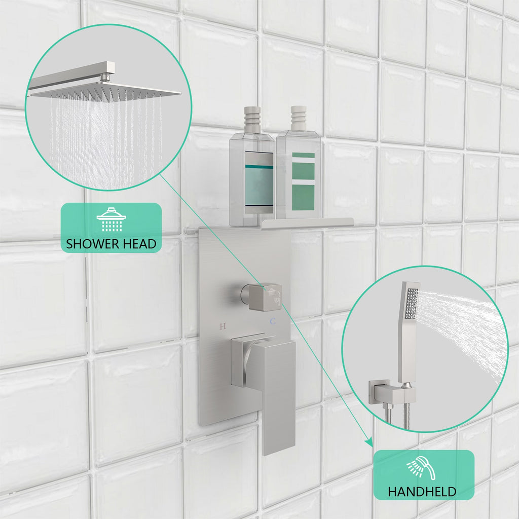 VANECL 10 Inch Square Brushed Nickel Rainfall Shower System with Built-in Storage Rack, Wall Mount High Pressure Rain Shower Faucet Set with Handheld Spray Combo, WaterSense Certified Bathroom Shower Kit