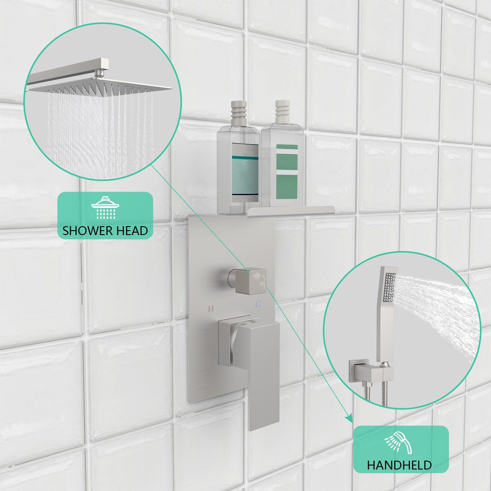 VANECL 10 Inch Square Brushed Nickel Rainfall Shower System with Built-in Storage Rack, Wall Mount High Pressure Rain Shower Faucet Set with Handheld Spray Combo, WaterSense Certified Bathroom Shower Kit