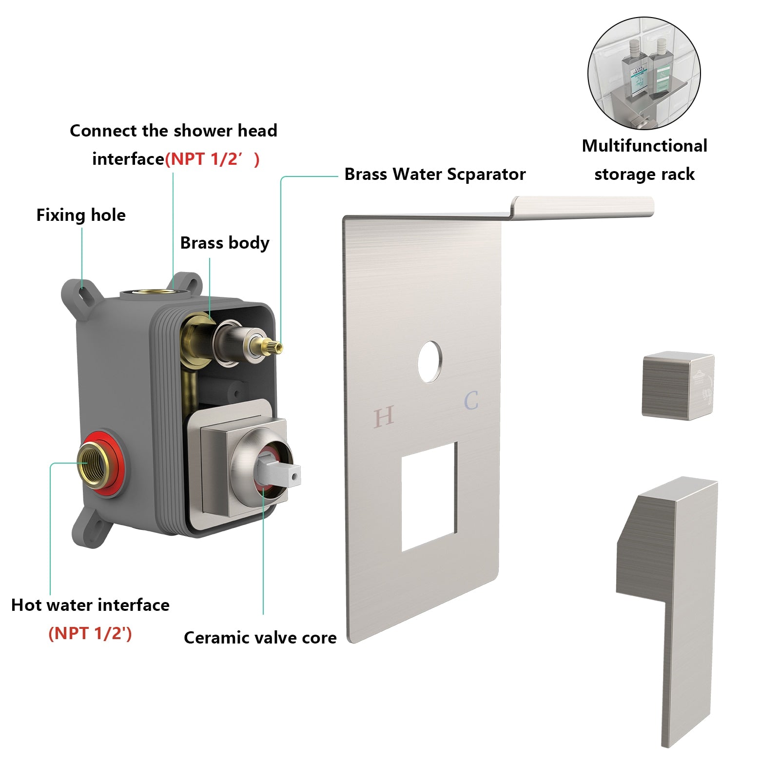 VANECL 10 Inch Square Brushed Nickel Rainfall Shower System with Built-in Storage Rack, Wall Mount High Pressure Rain Shower Faucet Set with Handheld Spray Combo, WaterSense Certified Bathroom Shower Kit