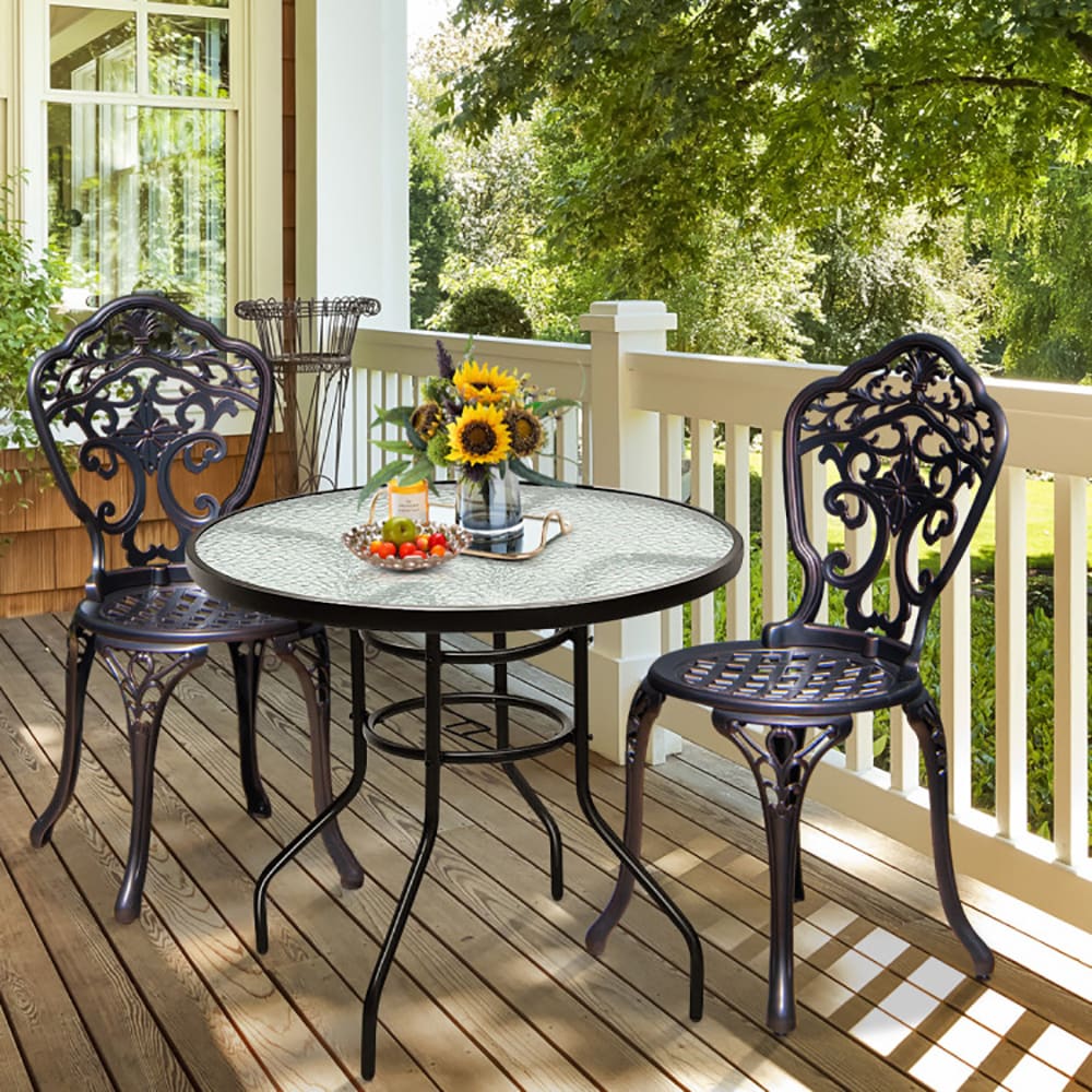 VANECL 32 Inch Round Patio Dining Table, Tempered Glass Top with Powder Coated Iron Frame, Built-in 1.65" Umbrella Hole & Anti-Slip Foot Pads, Indoor Outdoor Side Coffee Table for Backyard Garden Poolside