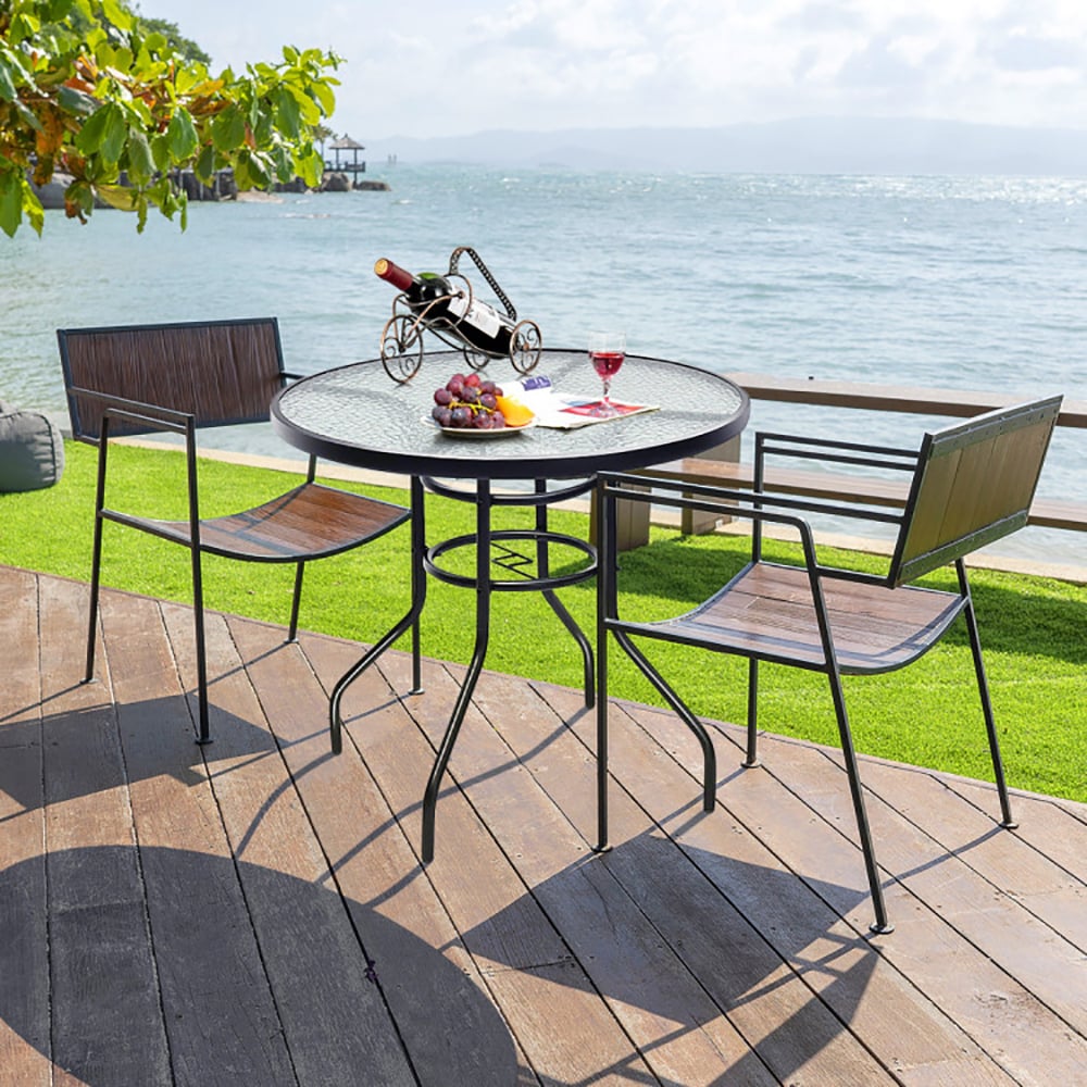 VANECL 32 Inch Round Patio Dining Table, Tempered Glass Top with Powder Coated Iron Frame, Built-in 1.65" Umbrella Hole & Anti-Slip Foot Pads, Indoor Outdoor Side Coffee Table for Backyard Garden Poolside