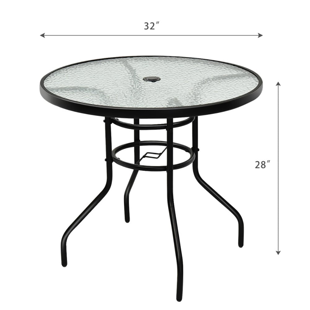 VANECL 32 Inch Round Patio Dining Table, Tempered Glass Top with Powder Coated Iron Frame, Built-in 1.65" Umbrella Hole & Anti-Slip Foot Pads, Indoor Outdoor Side Coffee Table for Backyard Garden Poolside