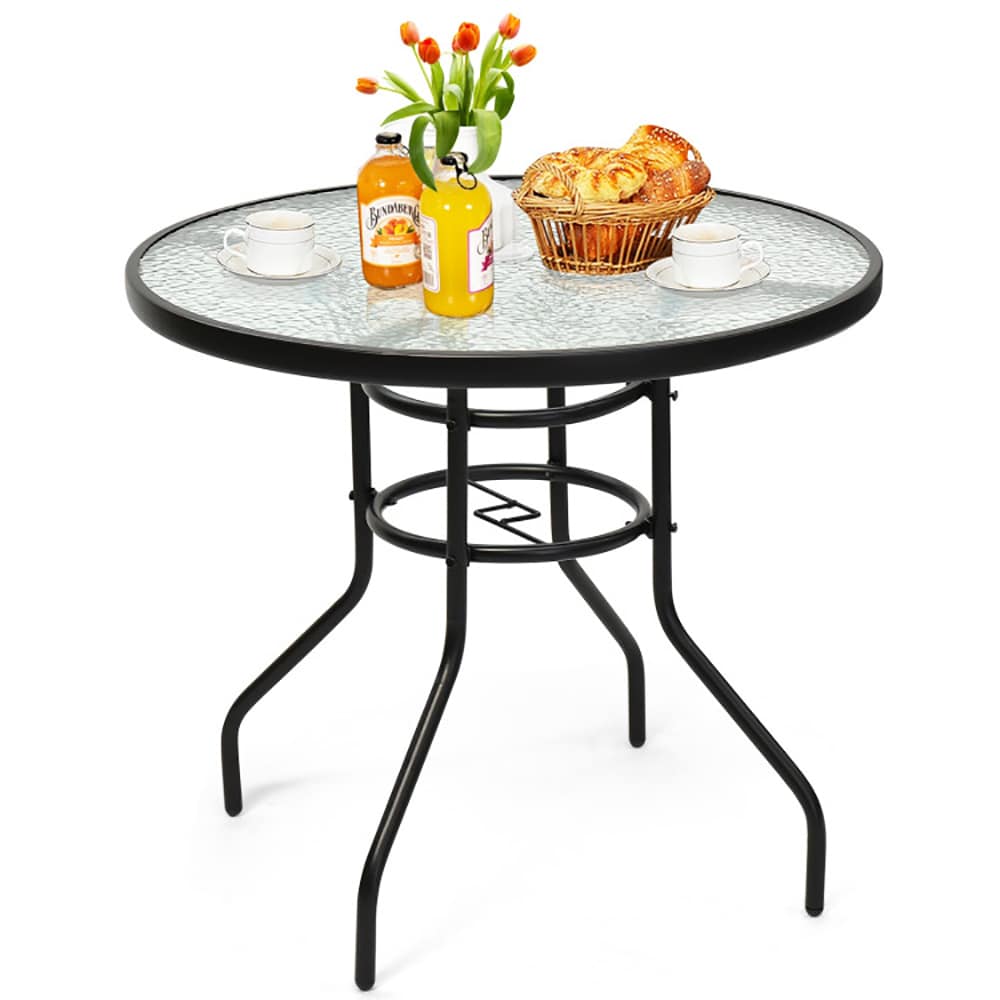 VANECL 32 Inch Round Patio Dining Table, Tempered Glass Top with Powder Coated Iron Frame, Built-in 1.65" Umbrella Hole & Anti-Slip Foot Pads, Indoor Outdoor Side Coffee Table for Backyard Garden Poolside