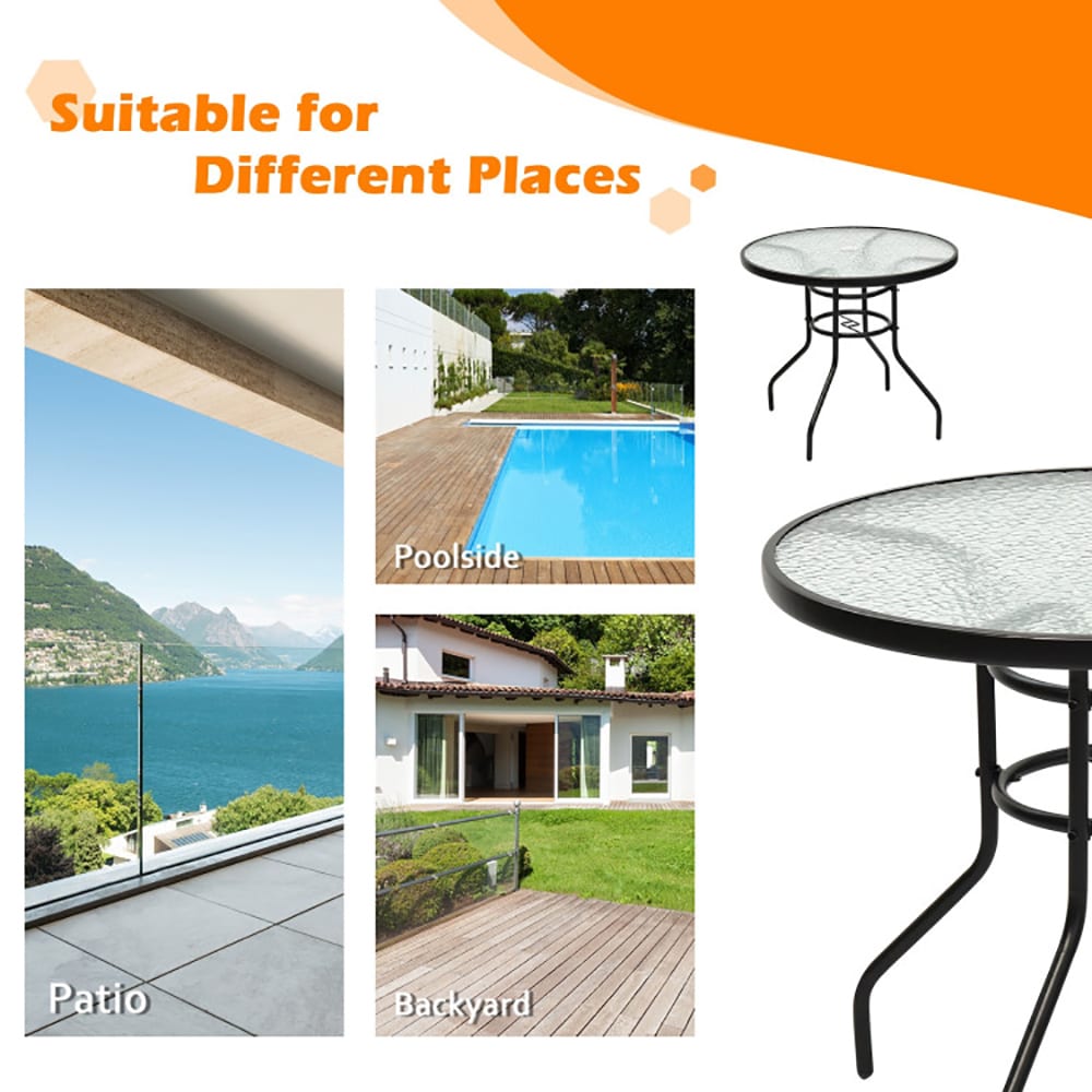 VANECL 32 Inch Round Patio Dining Table, Tempered Glass Top with Powder Coated Iron Frame, Built-in 1.65" Umbrella Hole & Anti-Slip Foot Pads, Indoor Outdoor Side Coffee Table for Backyard Garden Poolside