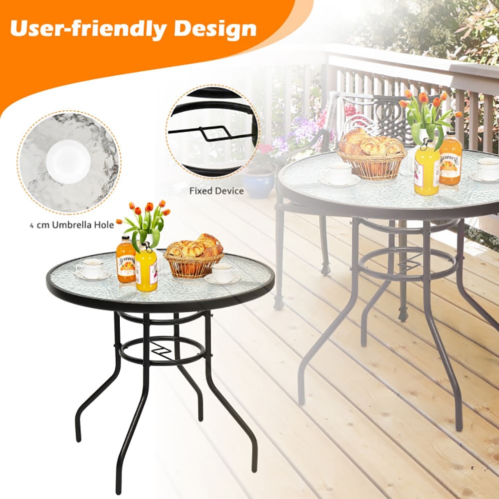 VANECL 32 Inch Round Patio Dining Table, Tempered Glass Top with Powder Coated Iron Frame, Built-in 1.65" Umbrella Hole & Anti-Slip Foot Pads, Indoor Outdoor Side Coffee Table for Backyard Garden Poolside