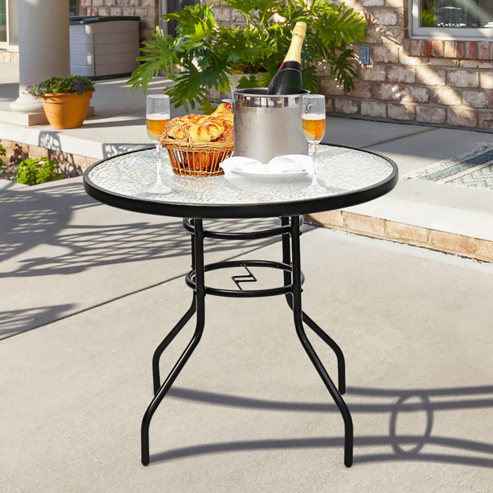 VANECL 32 Inch Round Patio Dining Table, Tempered Glass Top with Powder Coated Iron Frame, Built-in 1.65" Umbrella Hole & Anti-Slip Foot Pads, Indoor Outdoor Side Coffee Table for Backyard Garden Poolside
