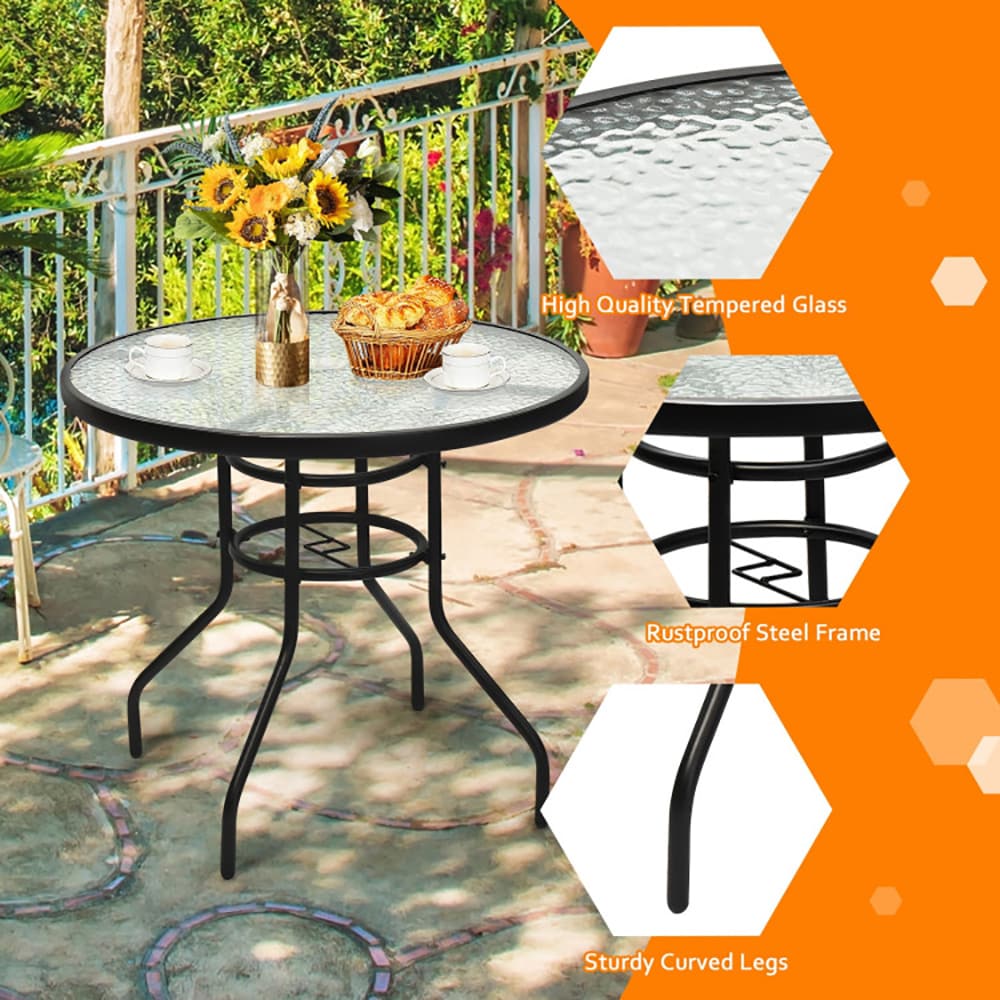 VANECL 32 Inch Round Patio Dining Table, Tempered Glass Top with Powder Coated Iron Frame, Built-in 1.65" Umbrella Hole & Anti-Slip Foot Pads, Indoor Outdoor Side Coffee Table for Backyard Garden Poolside