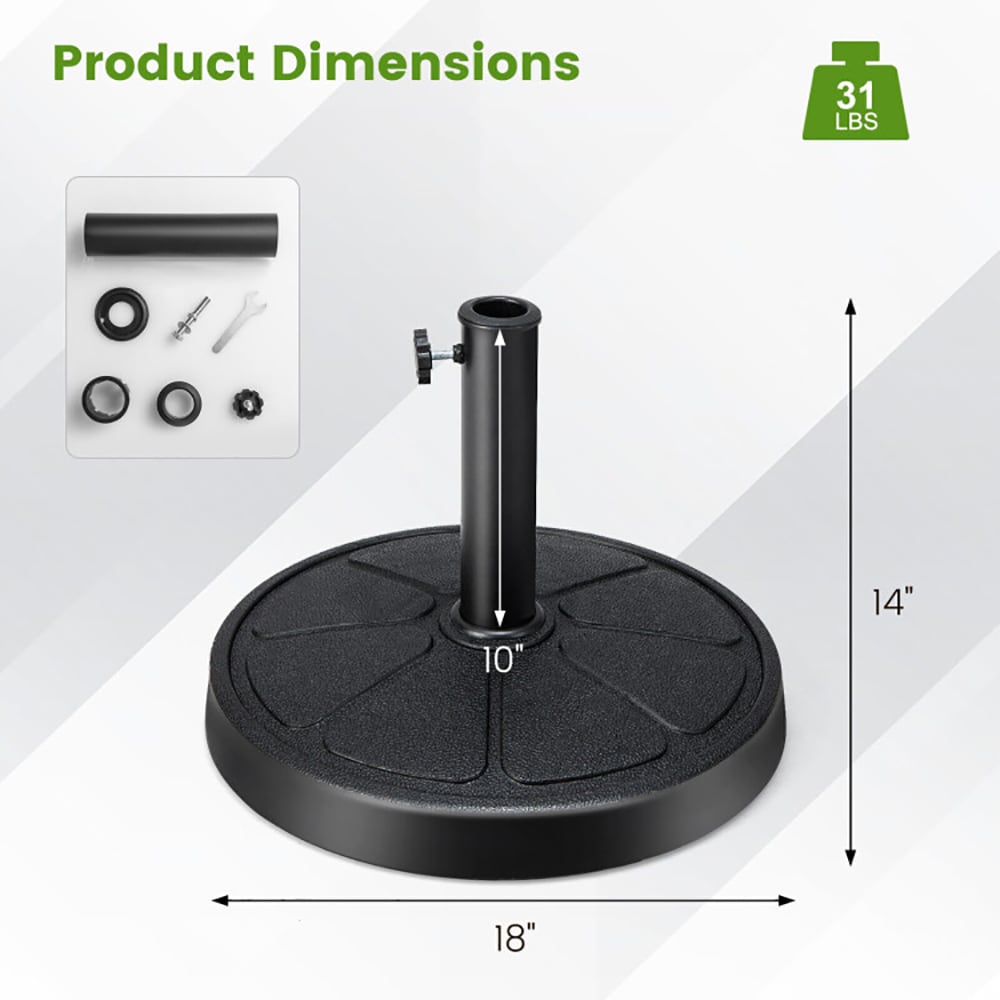 VANECL 31 LBS Heavy Duty Round Patio Umbrella Base, 18" Dia Black Resin Umbrella Stand with 2 Size Adapters & Lock Knob, Fits 1.5"/1.9" Pole for 9FT Outdoor Market Umbrella