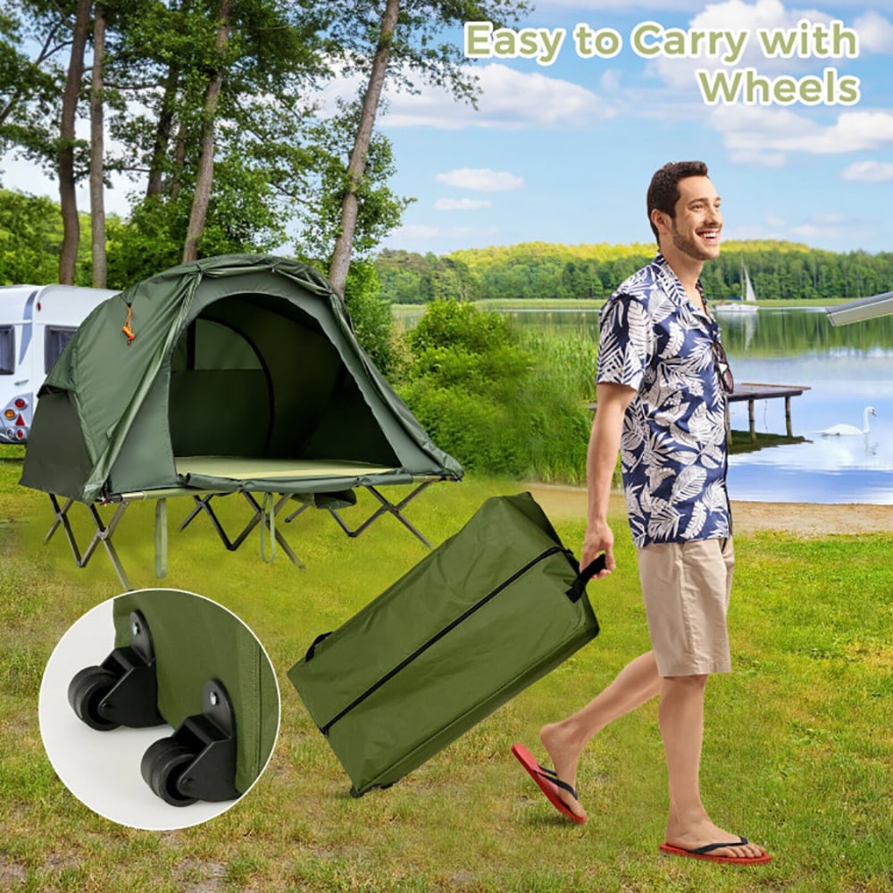 VANECL 2 Person Outdoor Elevated Camping Cot Tent with Extra External Rain Cover, Self-Inflating Sleeping Mat Included, Heavy-Duty Off-Ground Camping Tent Cot with Wheeled Carry Bag, Gray All-Season Camping Shelter