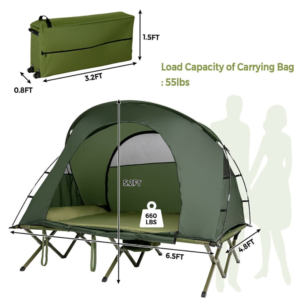 VANECL 2 Person Outdoor Elevated Camping Cot Tent with Extra External Rain Cover, Self-Inflating Sleeping Mat Included, Heavy-Duty Off-Ground Camping Tent Cot with Wheeled Carry Bag, Gray All-Season Camping Shelter