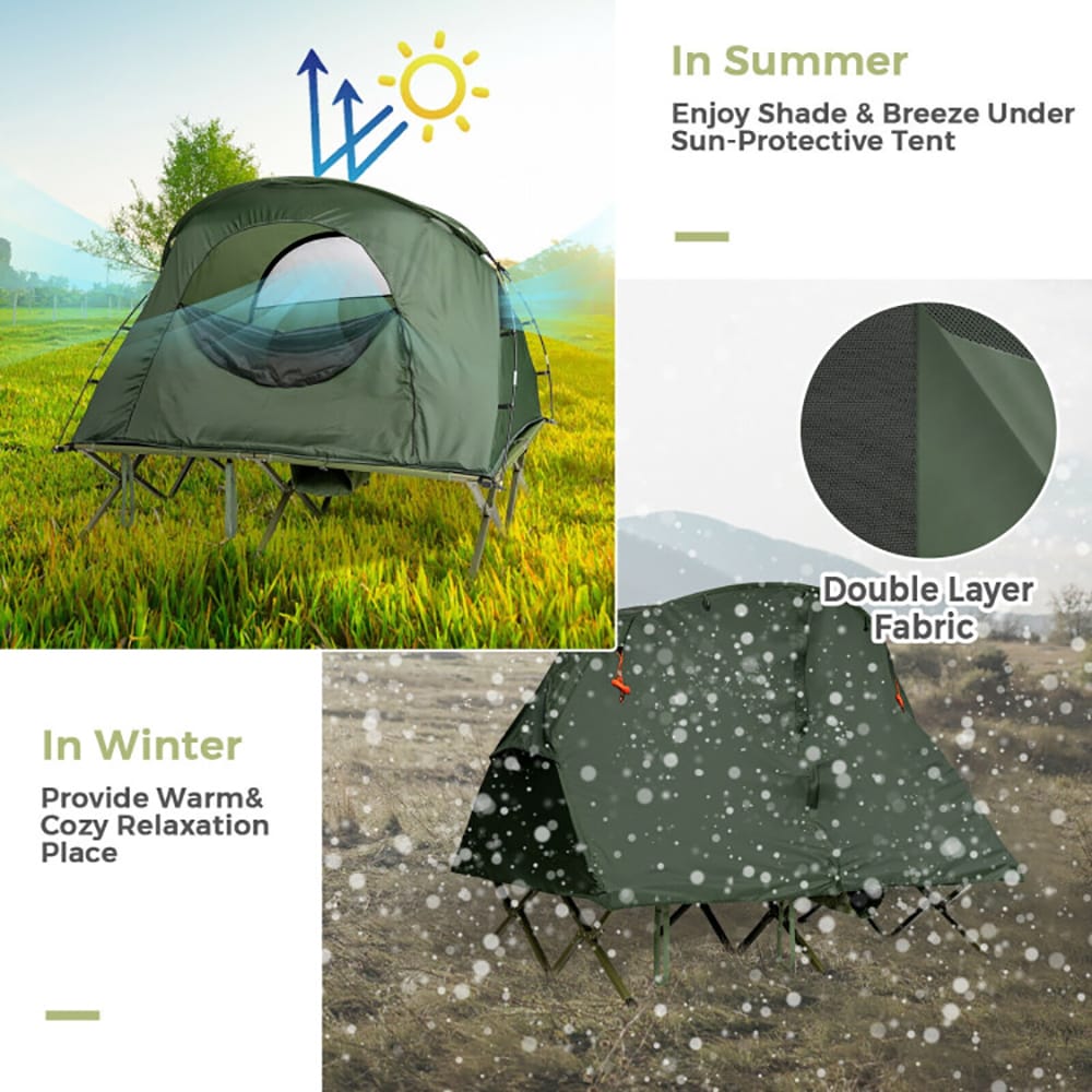 VANECL 2 Person Outdoor Elevated Camping Cot Tent with Extra External Rain Cover, Self-Inflating Sleeping Mat Included, Heavy-Duty Off-Ground Camping Tent Cot with Wheeled Carry Bag, Gray All-Season Camping Shelter