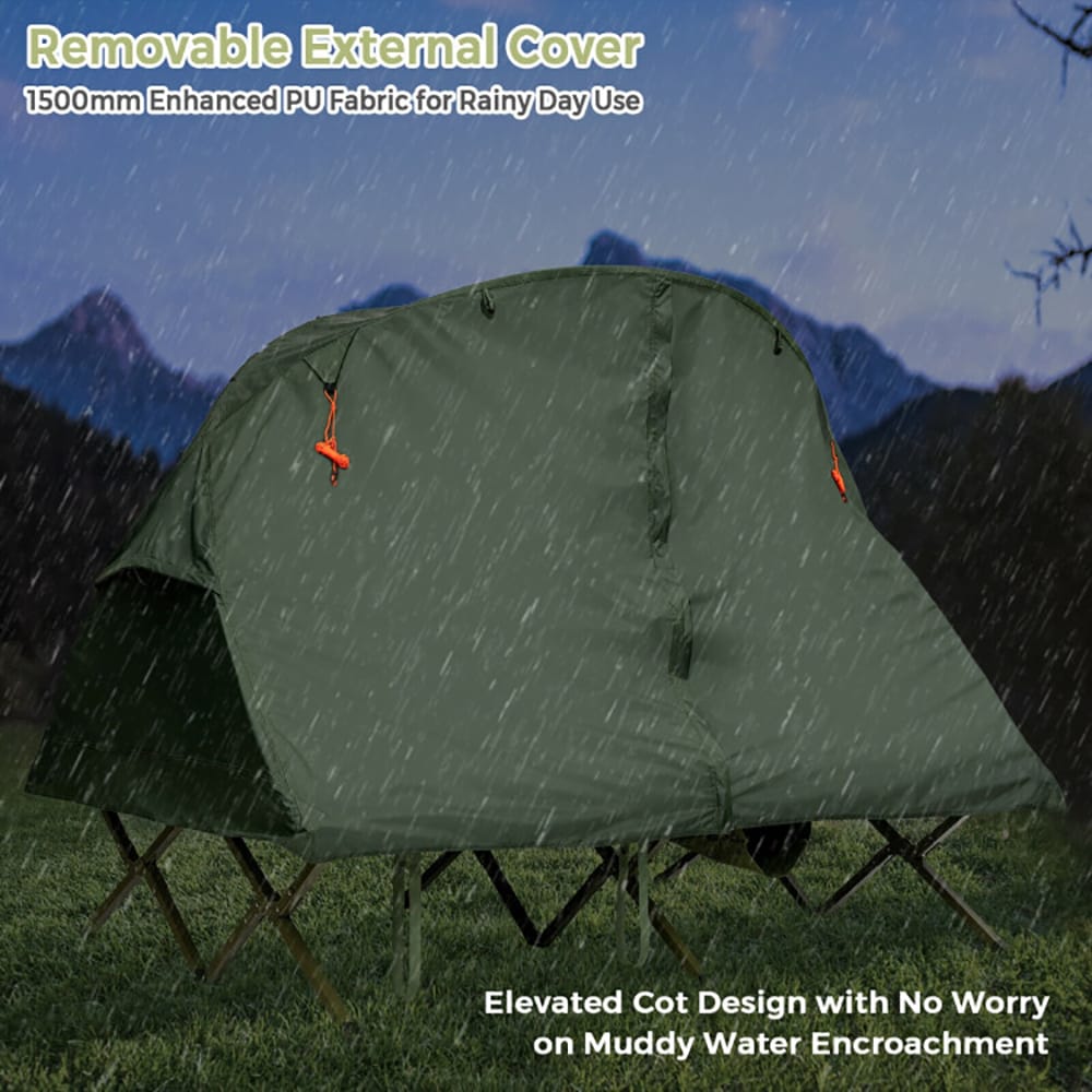 VANECL 2 Person Outdoor Elevated Camping Cot Tent with Extra External Rain Cover, Self-Inflating Sleeping Mat Included, Heavy-Duty Off-Ground Camping Tent Cot with Wheeled Carry Bag, Gray All-Season Camping Shelter