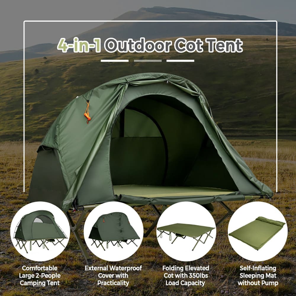 VANECL 2 Person Outdoor Elevated Camping Cot Tent with Extra External Rain Cover, Self-Inflating Sleeping Mat Included, Heavy-Duty Off-Ground Camping Tent Cot with Wheeled Carry Bag, Gray All-Season Camping Shelter