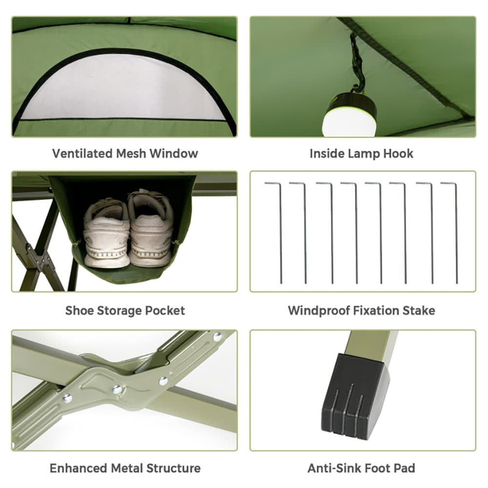 VANECL 2 Person Outdoor Elevated Camping Cot Tent with Extra External Rain Cover, Self-Inflating Sleeping Mat Included, Heavy-Duty Off-Ground Camping Tent Cot with Wheeled Carry Bag, Gray All-Season Camping Shelter
