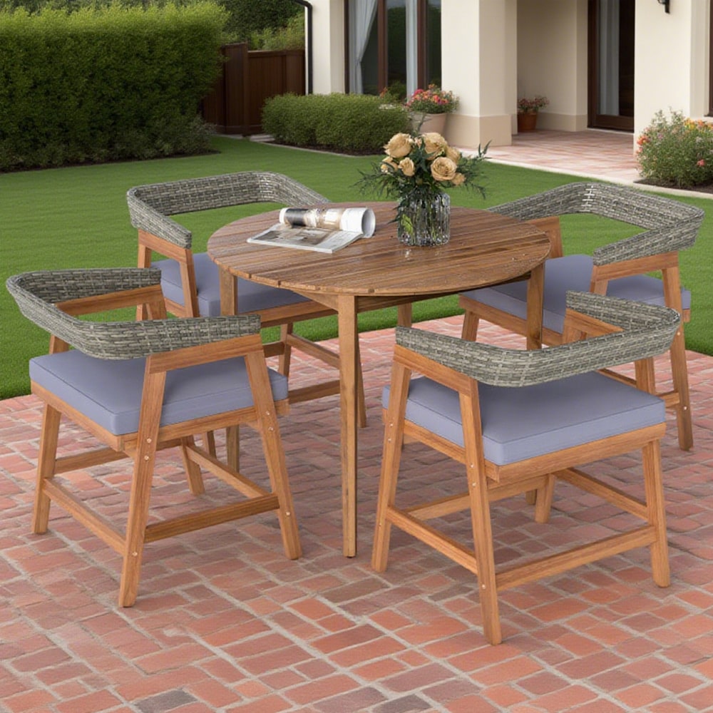 VANECL 5 Pieces Outdoor Patio Dining Set, Solid Acacia Wood Table & PE Rattan Backrest Chairs with Removable Gray Sponge Cushions, 4-Seater Patio Furniture for Backyard Garden Poolside