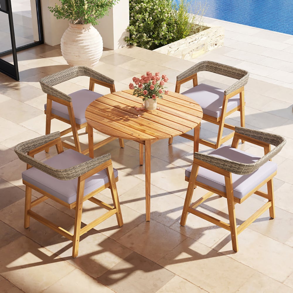 VANECL 5 Pieces Outdoor Patio Dining Set, Solid Acacia Wood Table & PE Rattan Backrest Chairs with Removable Gray Sponge Cushions, 4-Seater Patio Furniture for Backyard Garden Poolside