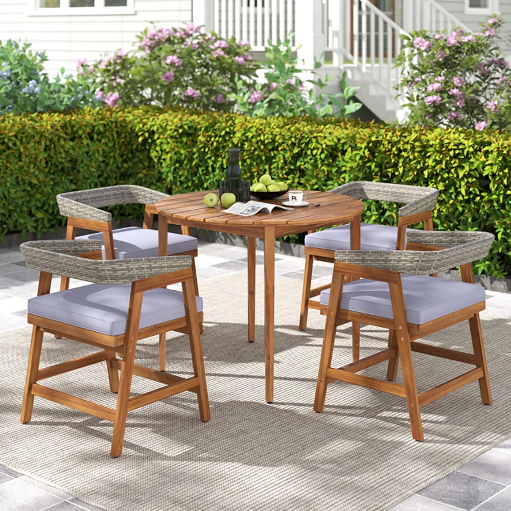 VANECL 5 Pieces Outdoor Patio Dining Set, Solid Acacia Wood Table & PE Rattan Backrest Chairs with Removable Gray Sponge Cushions, 4-Seater Patio Furniture for Backyard Garden Poolside