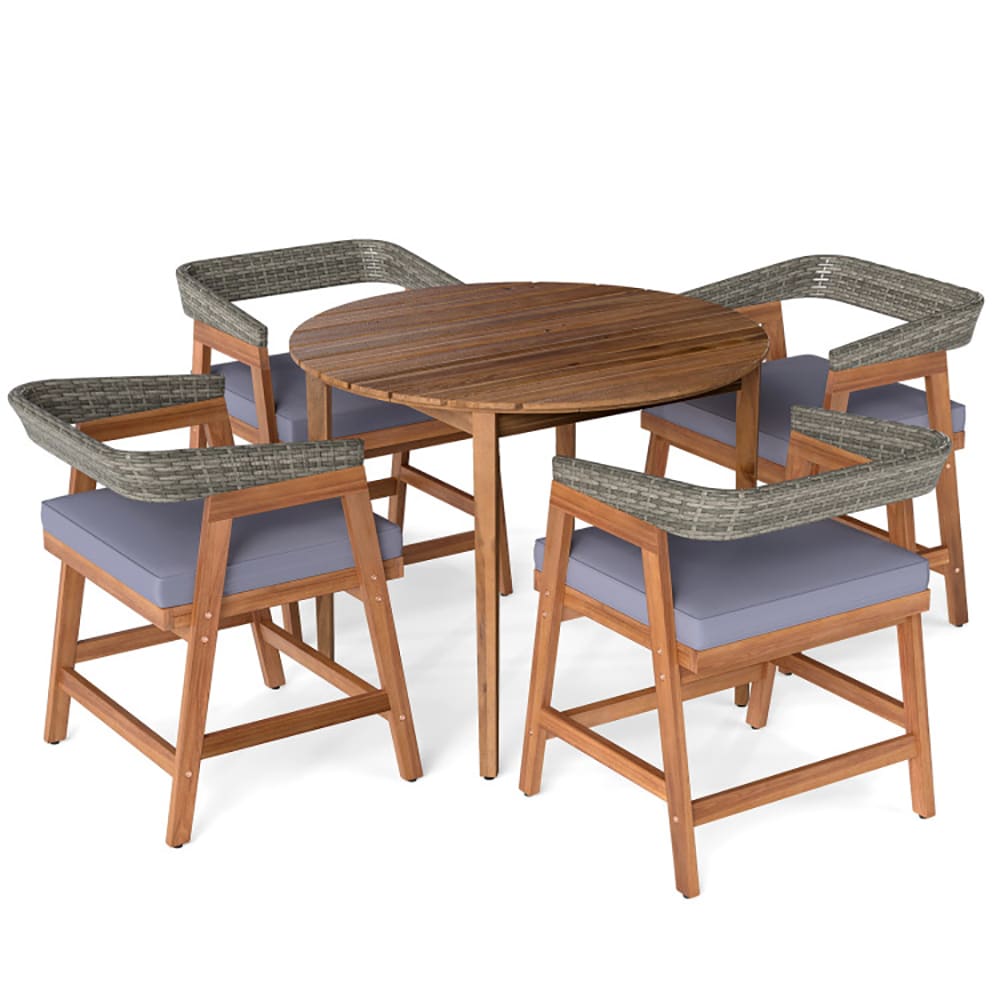 VANECL 5 Pieces Outdoor Patio Dining Set, Solid Acacia Wood Table & PE Rattan Backrest Chairs with Removable Gray Sponge Cushions, 4-Seater Patio Furniture for Backyard Garden Poolside