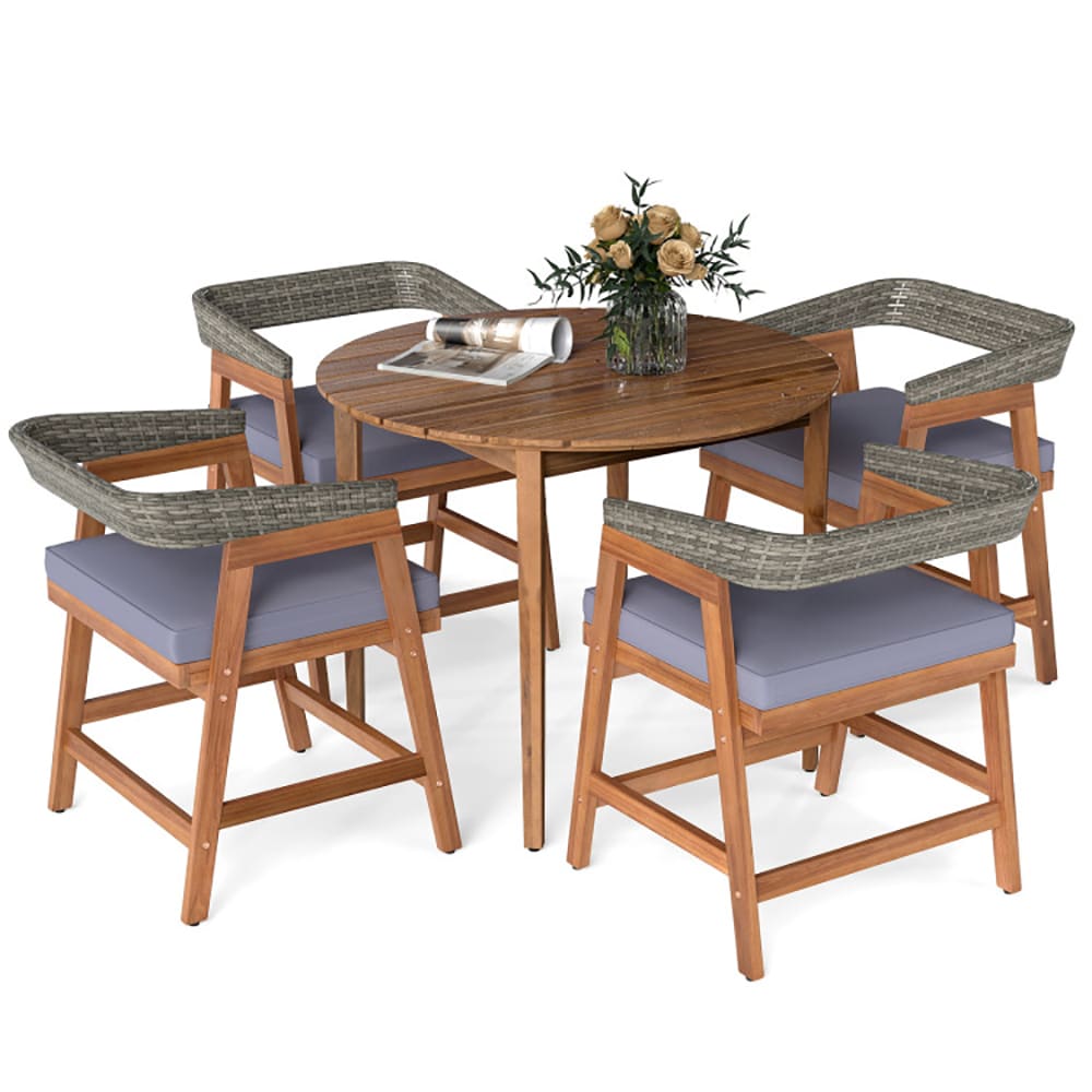 VANECL 5 Pieces Outdoor Patio Dining Set, Solid Acacia Wood Table & PE Rattan Backrest Chairs with Removable Gray Sponge Cushions, 4-Seater Patio Furniture for Backyard Garden Poolside