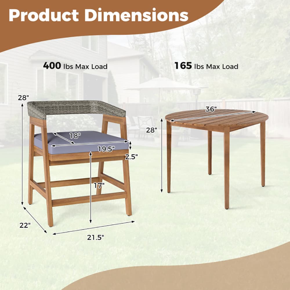 VANECL 5 Pieces Outdoor Patio Dining Set, Solid Acacia Wood Table & PE Rattan Backrest Chairs with Removable Gray Sponge Cushions, 4-Seater Patio Furniture for Backyard Garden Poolside