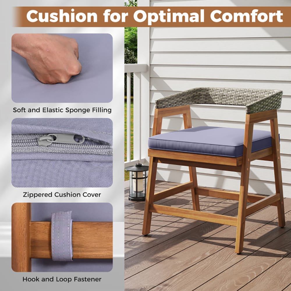 VANECL 5 Pieces Outdoor Patio Dining Set, Solid Acacia Wood Table & PE Rattan Backrest Chairs with Removable Gray Sponge Cushions, 4-Seater Patio Furniture for Backyard Garden Poolside