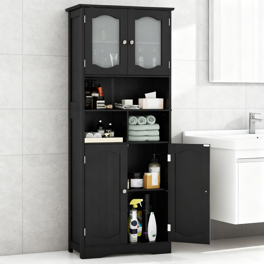 VANECL Freestanding Tall Bathroom Linen Cabinet, 58.5 Inch Storage Organizer with Frosted Tempered Glass Doors, Adjustable Inner Shelves & 3 Open Compartments, Waterproof MDF Floor Cabinet for Bathroom Kitchen Living Room