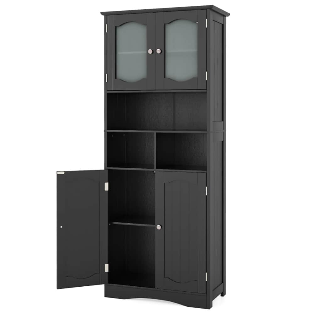 VANECL Freestanding Tall Bathroom Linen Cabinet, 58.5 Inch Storage Organizer with Frosted Tempered Glass Doors, Adjustable Inner Shelves & 3 Open Compartments, Waterproof MDF Floor Cabinet for Bathroom Kitchen Living Room