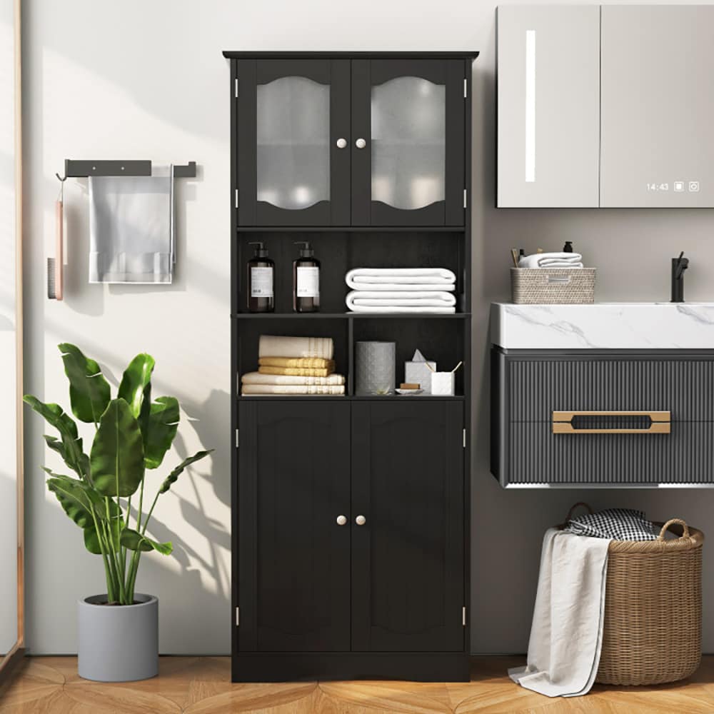 VANECL Freestanding Tall Bathroom Linen Cabinet, 58.5 Inch Storage Organizer with Frosted Tempered Glass Doors, Adjustable Inner Shelves & 3 Open Compartments, Waterproof MDF Floor Cabinet for Bathroom Kitchen Living Room