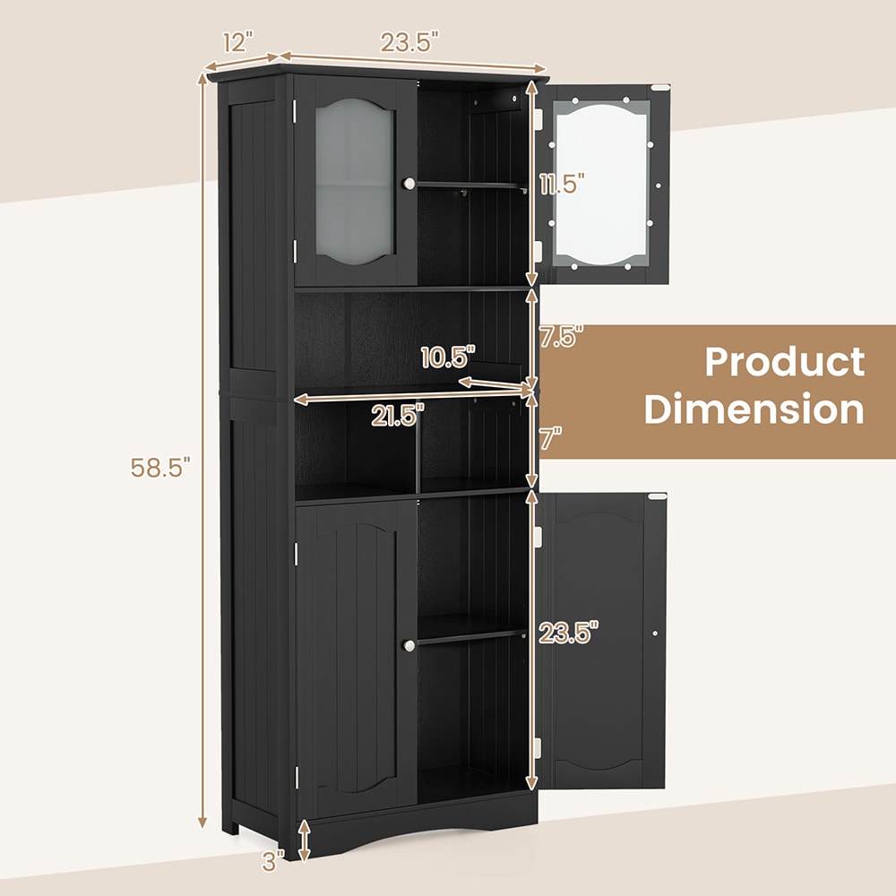VANECL Freestanding Tall Bathroom Linen Cabinet, 58.5 Inch Storage Organizer with Frosted Tempered Glass Doors, Adjustable Inner Shelves & 3 Open Compartments, Waterproof MDF Floor Cabinet for Bathroom Kitchen Living Room