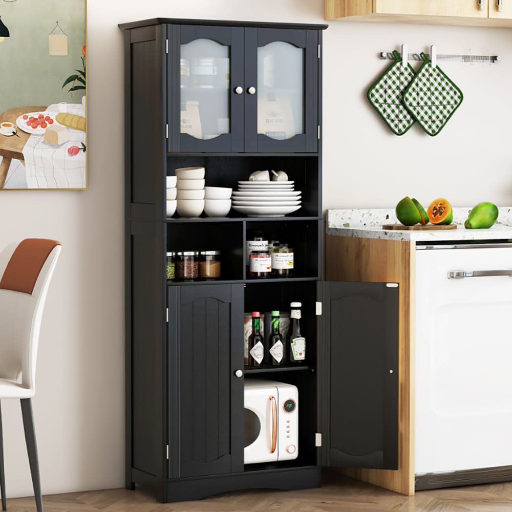 VANECL Freestanding Tall Bathroom Linen Cabinet, 58.5 Inch Storage Organizer with Frosted Tempered Glass Doors, Adjustable Inner Shelves & 3 Open Compartments, Waterproof MDF Floor Cabinet for Bathroom Kitchen Living Room