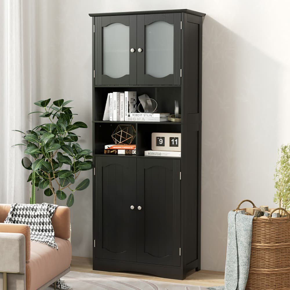 VANECL Freestanding Tall Bathroom Linen Cabinet, 58.5 Inch Storage Organizer with Frosted Tempered Glass Doors, Adjustable Inner Shelves & 3 Open Compartments, Waterproof MDF Floor Cabinet for Bathroom Kitchen Living Room