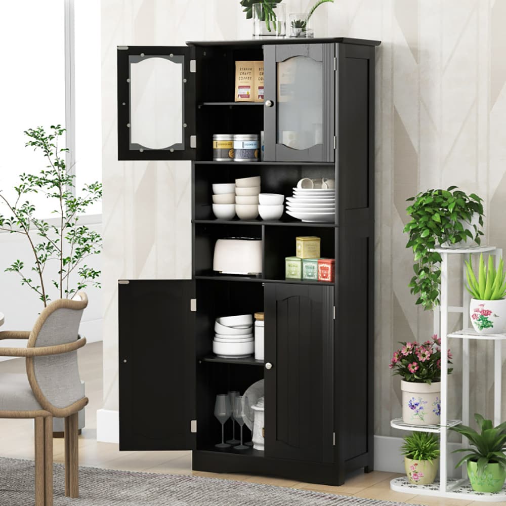 VANECL Freestanding Tall Bathroom Linen Cabinet, 58.5 Inch Storage Organizer with Frosted Tempered Glass Doors, Adjustable Inner Shelves & 3 Open Compartments, Waterproof MDF Floor Cabinet for Bathroom Kitchen Living Room