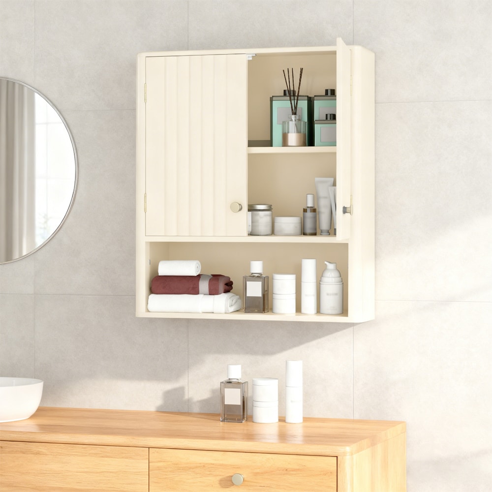 VANECL Fluted Bathroom Wall Cabinet, MDF Wall Mounted Storage Cabinet with Open Shelf & Adjustable Shelf, Magnetic Door & Golden Handle, Waterproof Multi-Purpose Organizer for Bathroom Kitchen Laundry Entryway, Beige