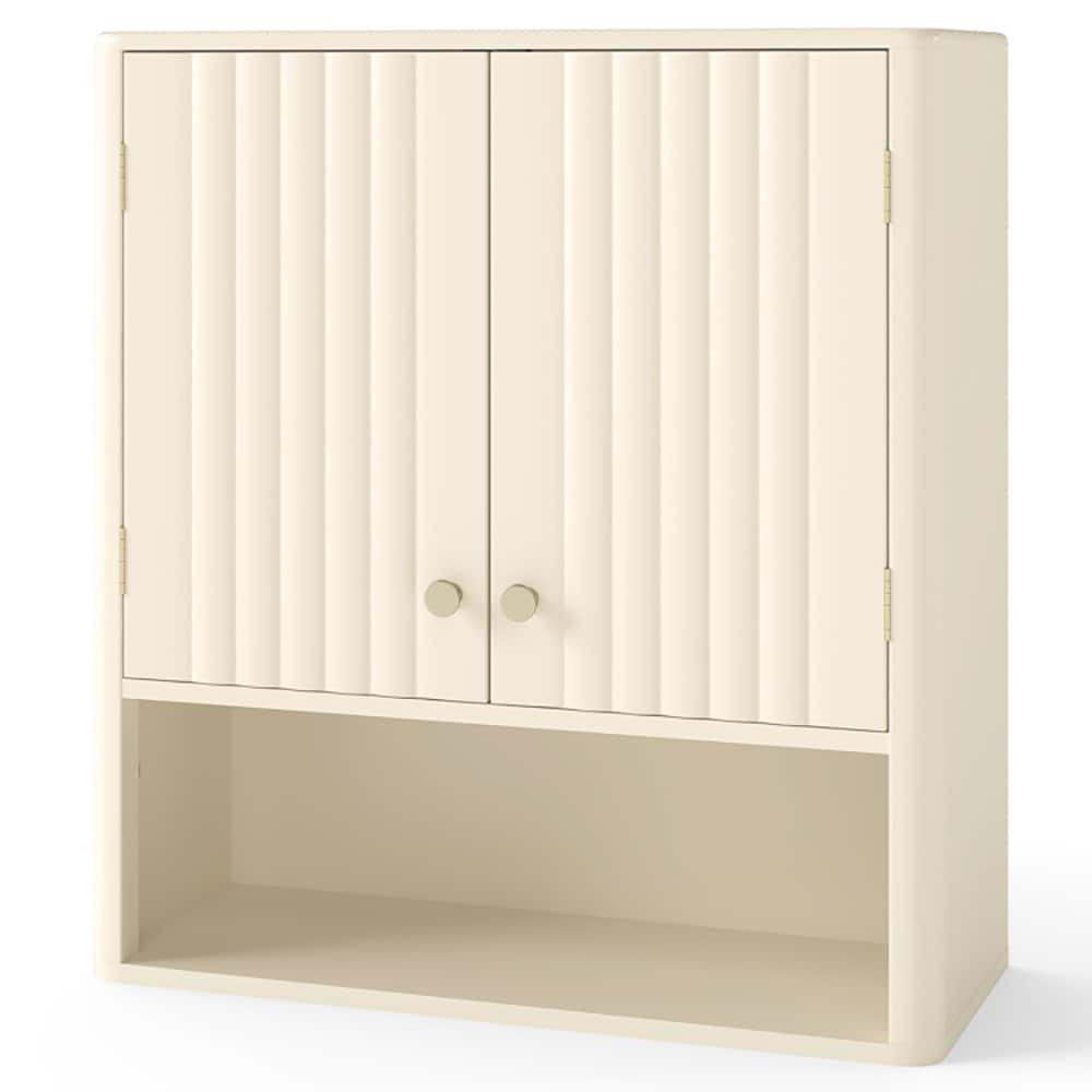 VANECL Fluted Bathroom Wall Cabinet, MDF Wall Mounted Storage Cabinet with Open Shelf & Adjustable Shelf, Magnetic Door & Golden Handle, Waterproof Multi-Purpose Organizer for Bathroom Kitchen Laundry Entryway, Beige