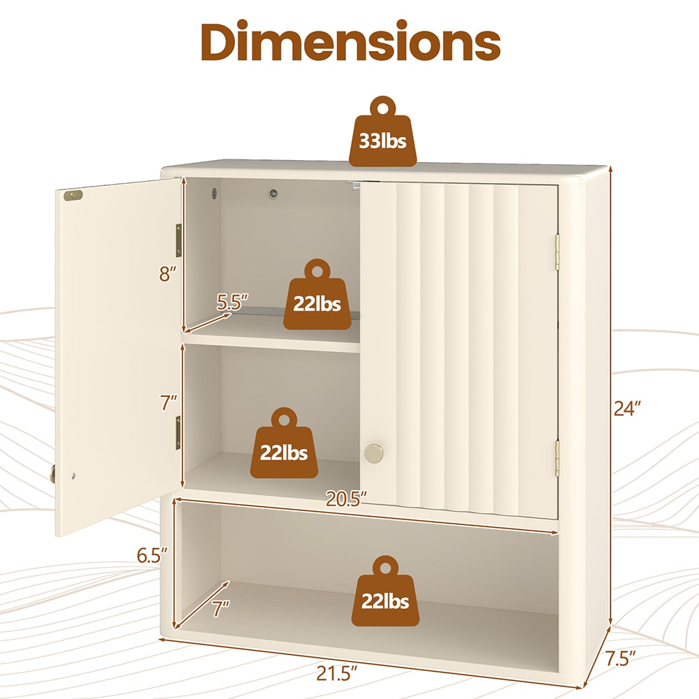 VANECL Fluted Bathroom Wall Cabinet, MDF Wall Mounted Storage Cabinet with Open Shelf & Adjustable Shelf, Magnetic Door & Golden Handle, Waterproof Multi-Purpose Organizer for Bathroom Kitchen Laundry Entryway, Beige