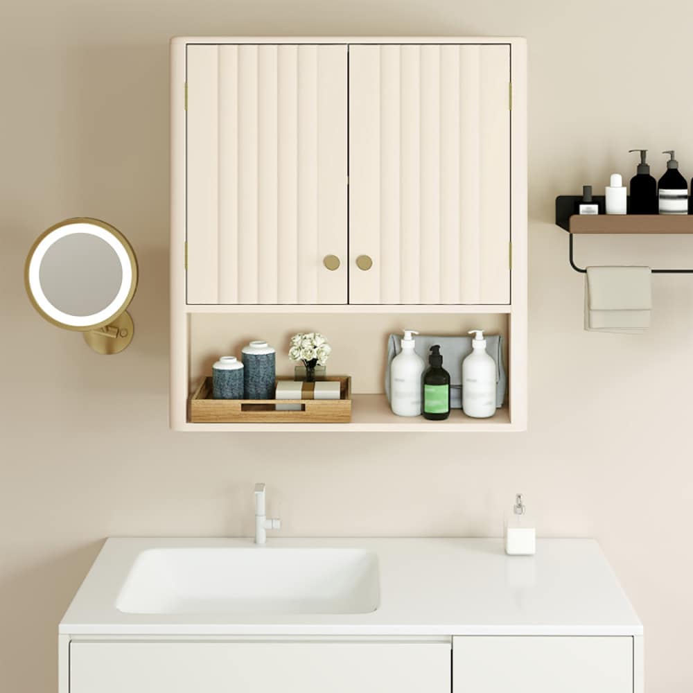 VANECL Fluted Bathroom Wall Cabinet, MDF Wall Mounted Storage Cabinet with Open Shelf & Adjustable Shelf, Magnetic Door & Golden Handle, Waterproof Multi-Purpose Organizer for Bathroom Kitchen Laundry Entryway, Beige