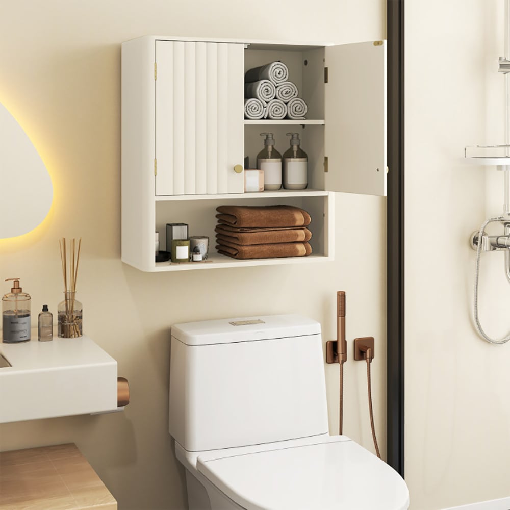VANECL Fluted Bathroom Wall Cabinet, MDF Wall Mounted Storage Cabinet with Open Shelf & Adjustable Shelf, Magnetic Door & Golden Handle, Waterproof Multi-Purpose Organizer for Bathroom Kitchen Laundry Entryway, Beige