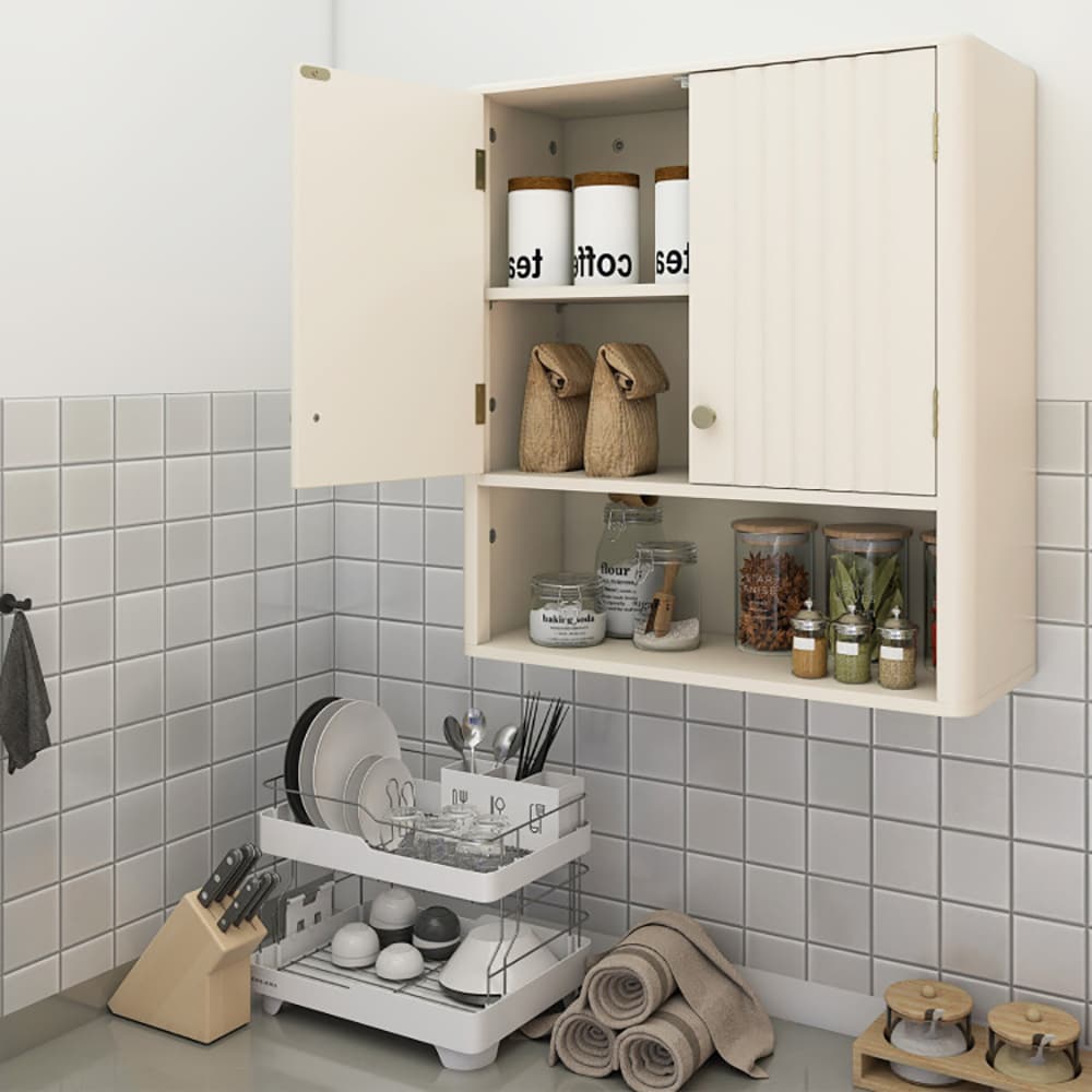 VANECL Fluted Bathroom Wall Cabinet, MDF Wall Mounted Storage Cabinet with Open Shelf & Adjustable Shelf, Magnetic Door & Golden Handle, Waterproof Multi-Purpose Organizer for Bathroom Kitchen Laundry Entryway, Beige