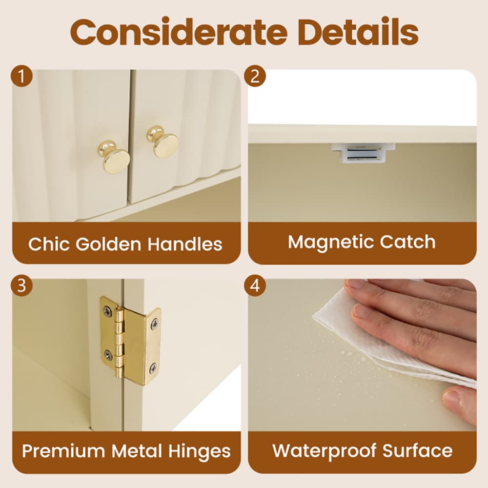 VANECL Fluted Bathroom Wall Cabinet, MDF Wall Mounted Storage Cabinet with Open Shelf & Adjustable Shelf, Magnetic Door & Golden Handle, Waterproof Multi-Purpose Organizer for Bathroom Kitchen Laundry Entryway, Beige