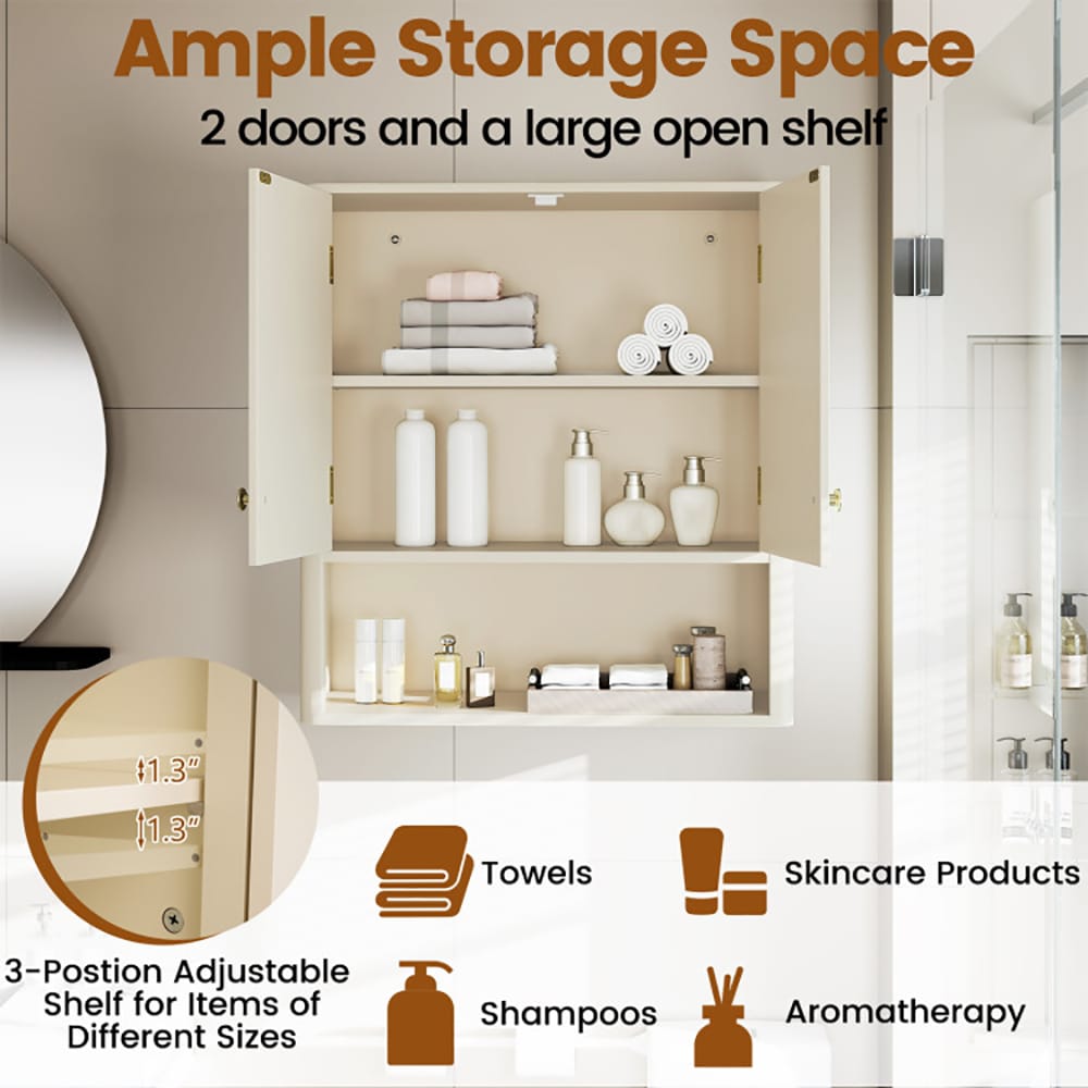 VANECL Fluted Bathroom Wall Cabinet, MDF Wall Mounted Storage Cabinet with Open Shelf & Adjustable Shelf, Magnetic Door & Golden Handle, Waterproof Multi-Purpose Organizer for Bathroom Kitchen Laundry Entryway, Beige