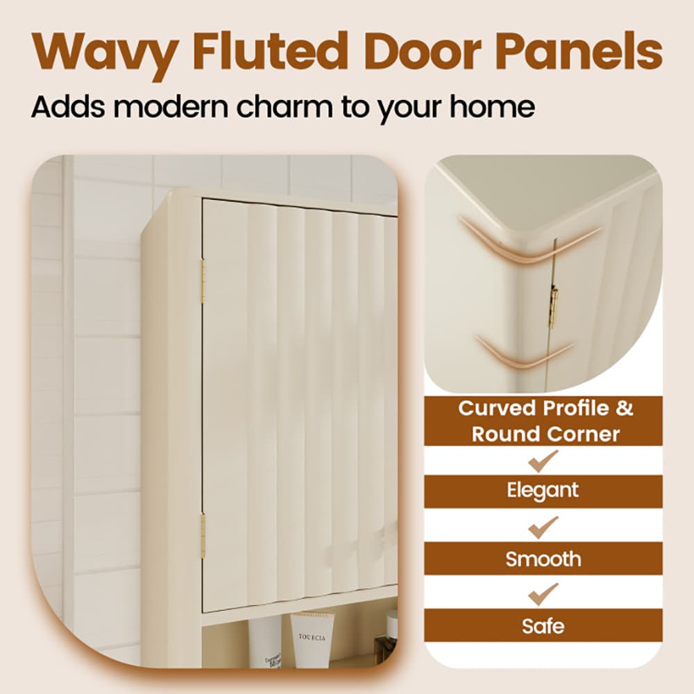 VANECL Fluted Bathroom Wall Cabinet, MDF Wall Mounted Storage Cabinet with Open Shelf & Adjustable Shelf, Magnetic Door & Golden Handle, Waterproof Multi-Purpose Organizer for Bathroom Kitchen Laundry Entryway, Beige