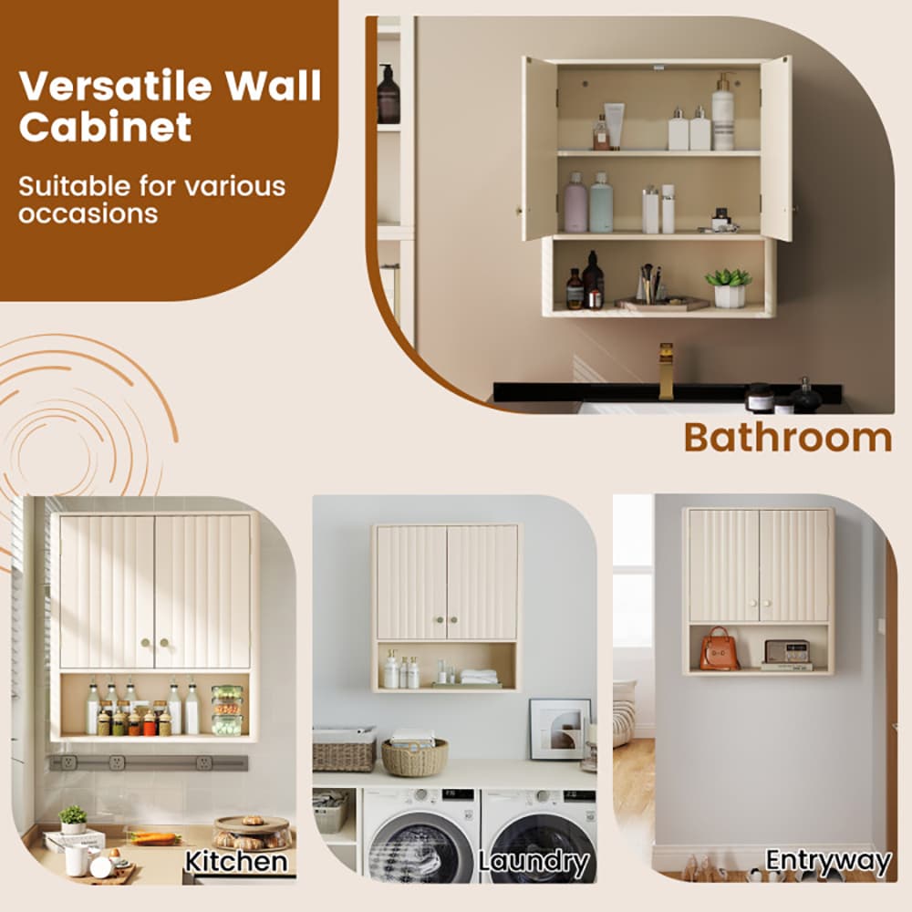 VANECL Fluted Bathroom Wall Cabinet, MDF Wall Mounted Storage Cabinet with Open Shelf & Adjustable Shelf, Magnetic Door & Golden Handle, Waterproof Multi-Purpose Organizer for Bathroom Kitchen Laundry Entryway, Beige
