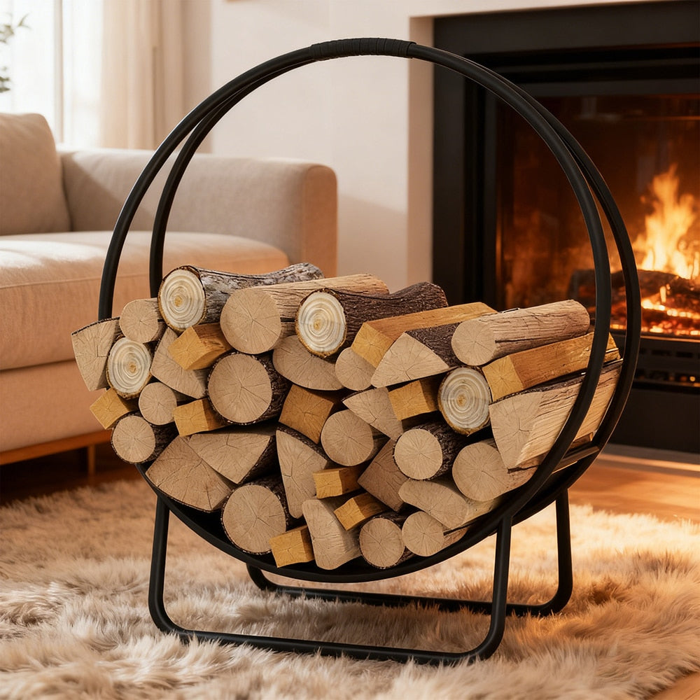 VANECL 20 Inch Round Firewood Log Hoop, Heavy Duty Powder Coated Metal Curved Firewood Rack with A-Shaped Support Stand, Pre-Assembled Indoor Outdoor Firewood Storage Holder for Fireplace Patio Garage