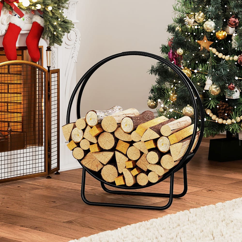 VANECL 20 Inch Round Firewood Log Hoop, Heavy Duty Powder Coated Metal Curved Firewood Rack with A-Shaped Support Stand, Pre-Assembled Indoor Outdoor Firewood Storage Holder for Fireplace Patio Garage